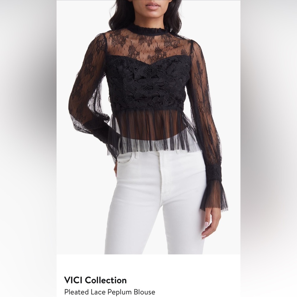 VICI Collection Pleated Lace Peplum Blouse
